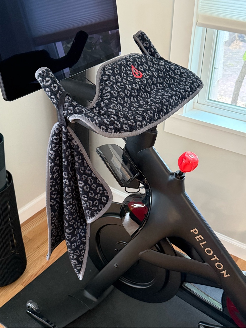 Peloton Bike+ Spin Towel Set Dark Gray Leopard Print Towel and Handlebar Cover